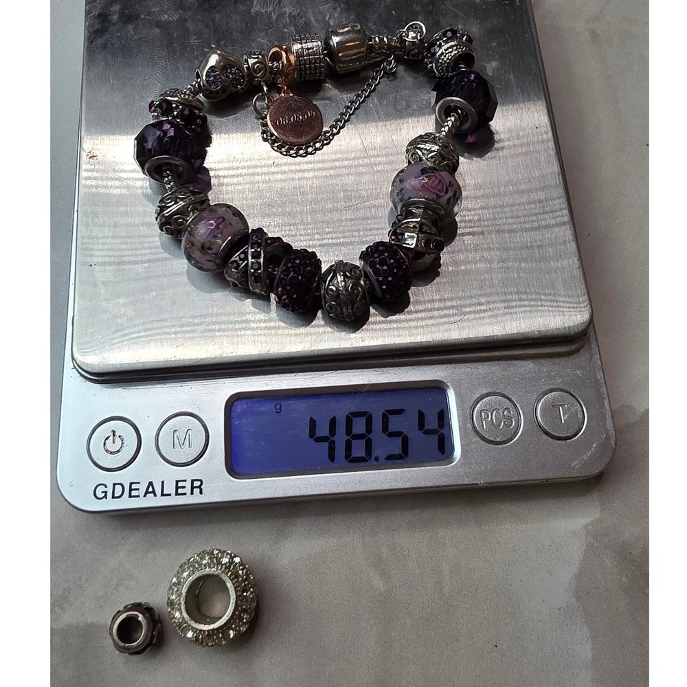 Sterling Silver Charm Bracelet Purple Murano Glass Pave Crystal Beads Yakira 48g - Picture 2 of 16